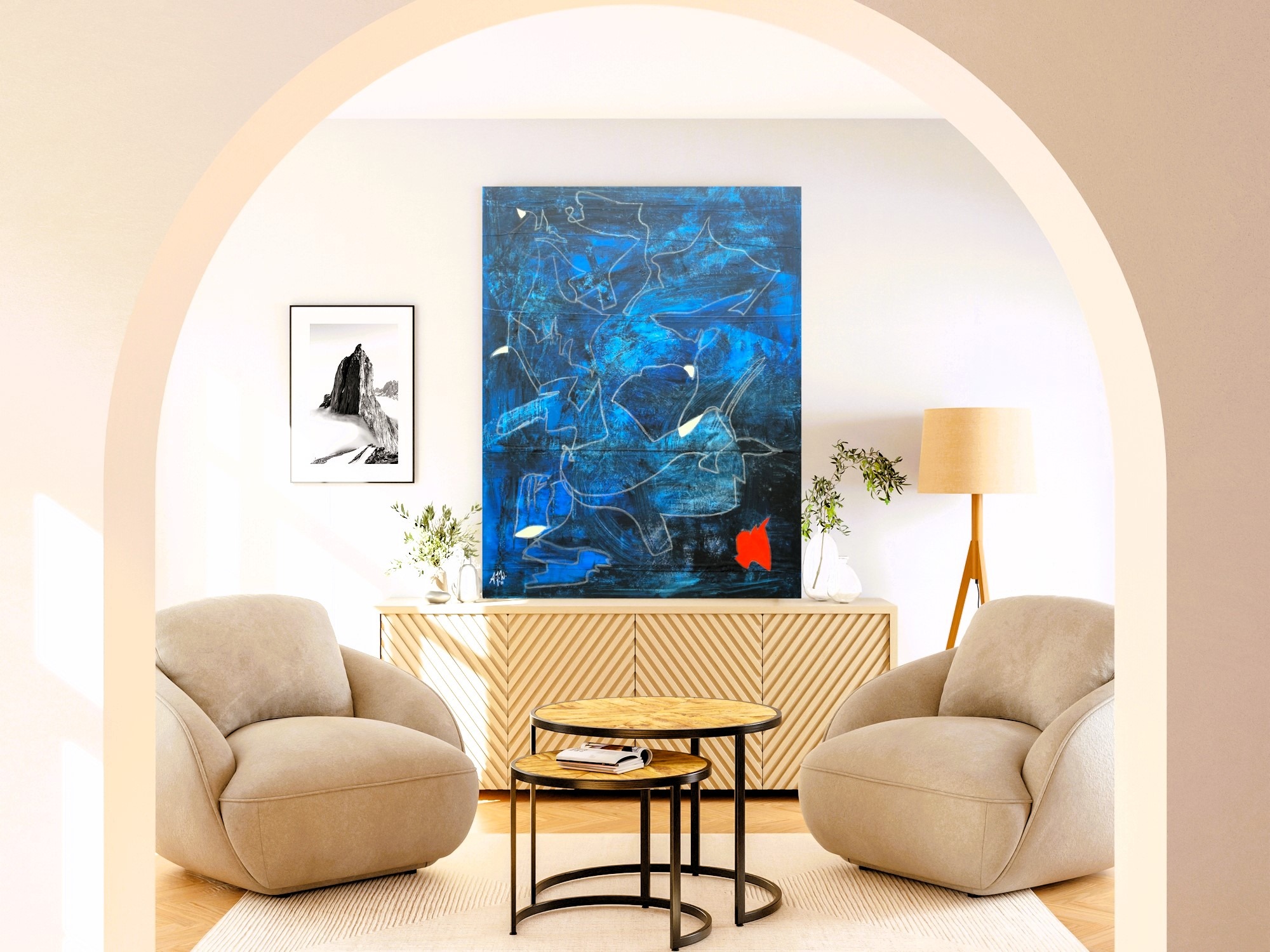 Abstraktes Bild "racing bunny" von AJ Weber im Wohnzimmer